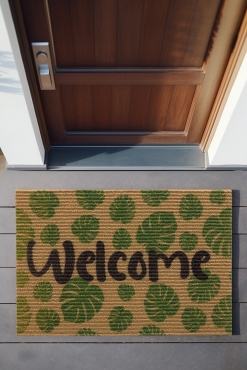 Coco Welcome Yeşil Yaprak Paspas Dış Kapı Paspası Kıl Kapı Önü Paspası 40x60 3674 - Koza Home